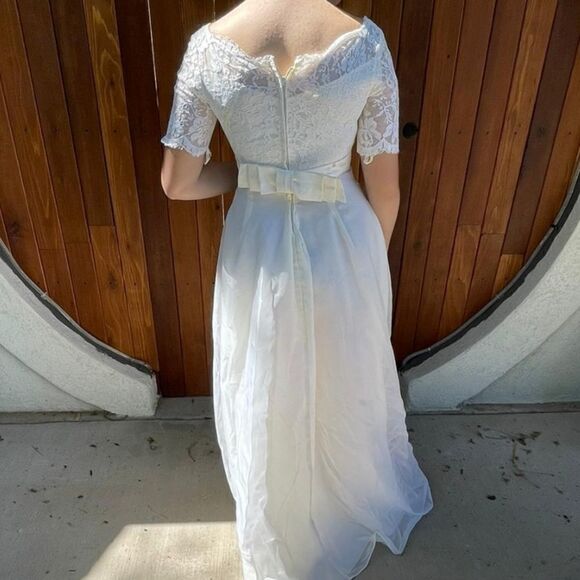 Romantic vintage 60's pretty floral lace wedding dress Union made A-line cream - Picture 4 of 14